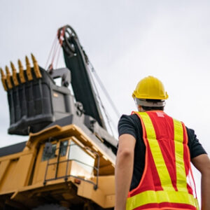 Mine worker wearing high-visibility safety gear beside heavy mining equipment