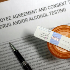Drug and alcohol screening test beside a workplace testing consent form